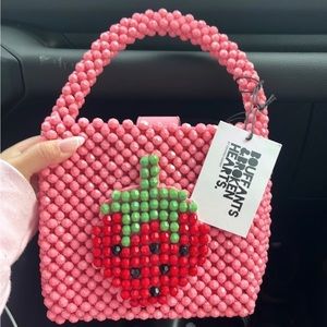 Bouffant and Broken Hearts by Kendra Dandy Pink Beaded Strawberry Handbag